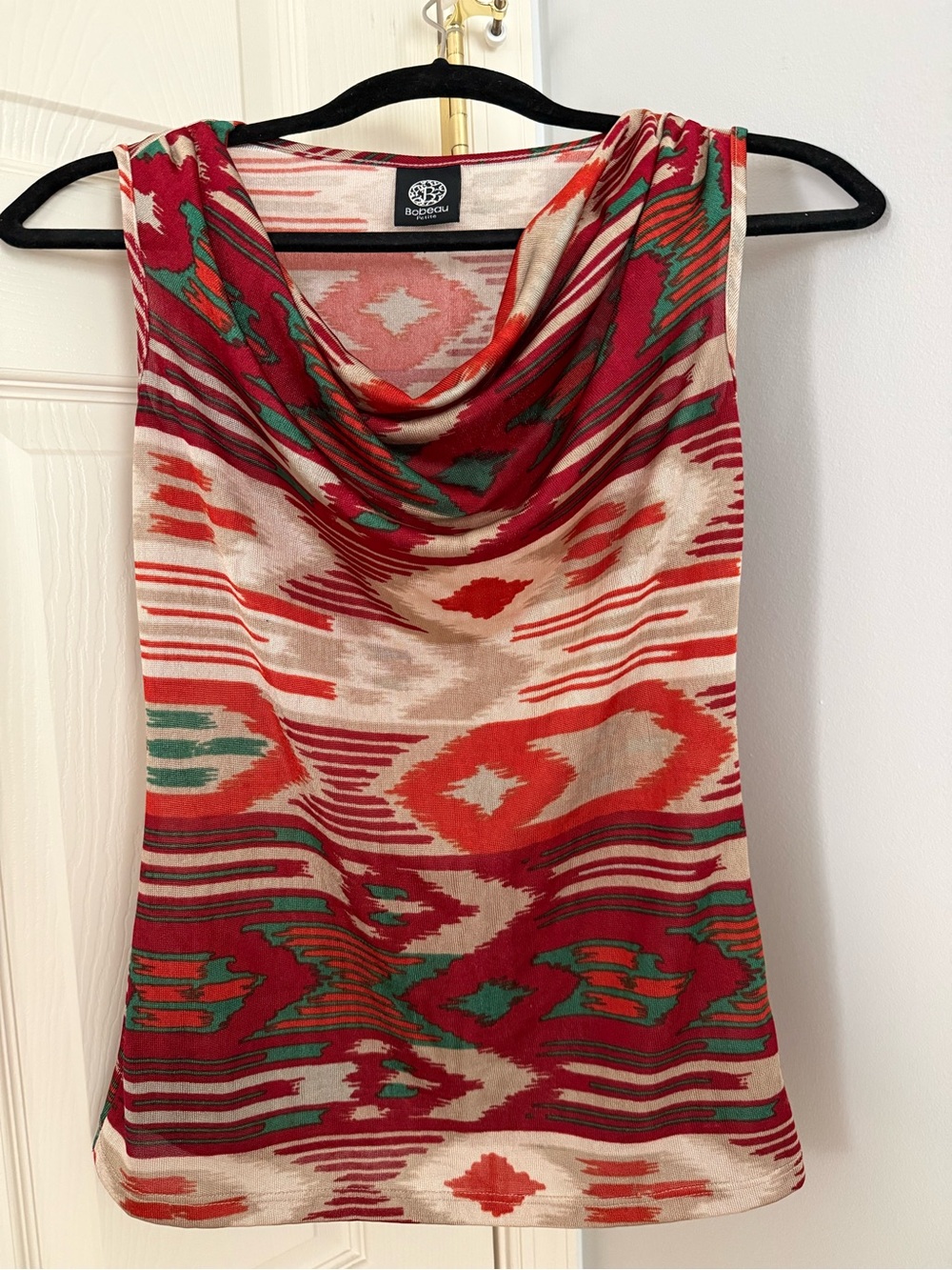Bobeau Red Green Beige Aztec Cowl Neck Sleeveless Top